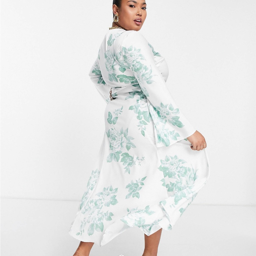 ASOS Design Curve satin wrap dress in white and green floral